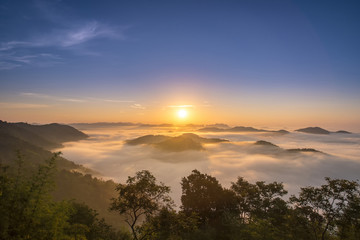Beautiful sunrise and mist on Mountain landscape background