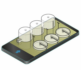 Water treatment isometric building in mobile phone. Outlined 3d planning of bacterium purifier factory, vector industrial chemistry cleaner set in communication technologies. Wire architecture plan.