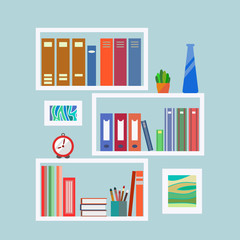 Bookshelves in white with books, folders and stationery.
 Vector illustration in a flat style.