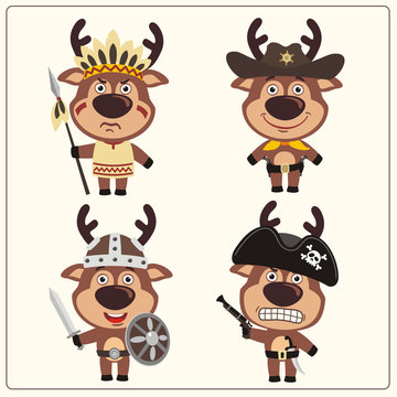 Set isolated deer in cartoon style for design children holiday and birthday. Funny deers in costume of viking, american indian, cowboy and pirate.