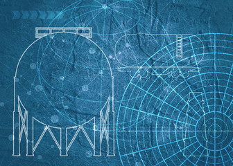 Old blueprint background texture. Technical backdrop paper. Outline silhouettes on concrete textured backdrop