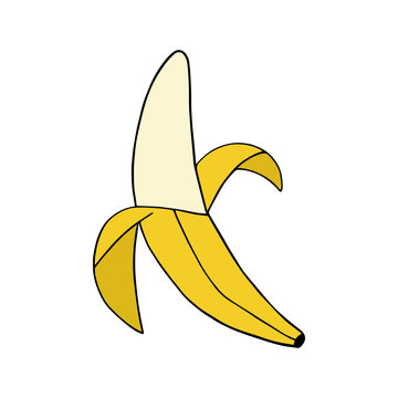 Doodle peeled banana vector illustration drawing, isolated on white background. Banana sticker, graphic icon.