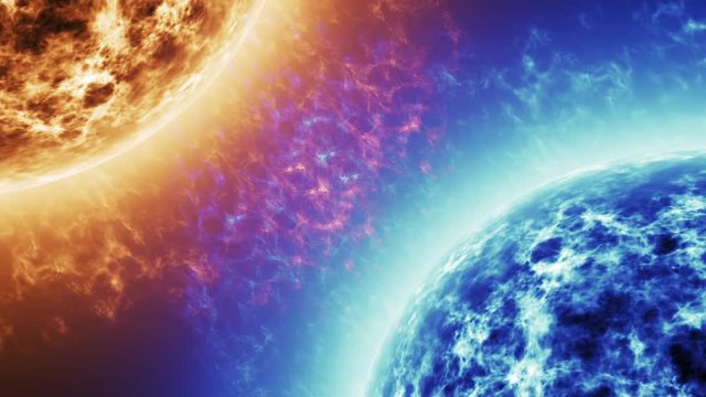 Blue star Vs Red star. Red Sun surface with solar flares against Blue sun isolated on black. Highly realistic sun surface with space for your text or logo 4k.