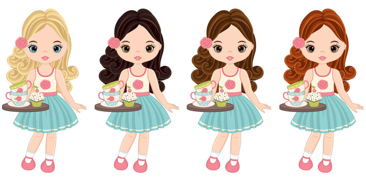 Vector Cute Little Girls with Tea Cups and Cupcakes