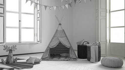 Unfinished project of child room with furniture, carpet and tent, two panoramic windows, scandinavian interior design