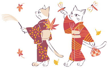 着物で紅葉狩り　ねこ