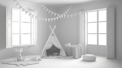Total white project of child room with furniture, carpet and tent, two panoramic windows, scandinavian interior design