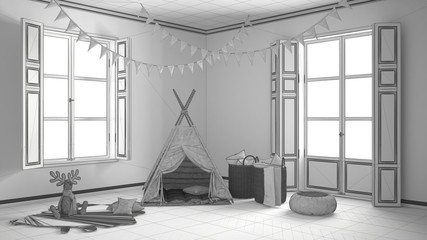 Unfinished project of child room with furniture, carpet and tent, two panoramic windows, scandinavian interior design