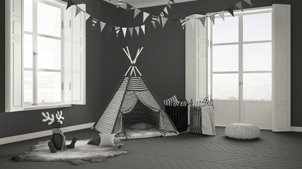 Child room with furniture, carpet and tent, two panoramic windows, scandinavian white and gray interior design