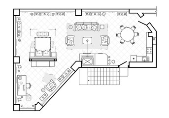 Floor plan, top view. The interior design terrace. The cottage is a covered veranda. Layout of the apartment with the furniture. Vector architecture