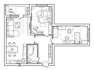 Floor plan with furniture in top view. Architectural set of furniture thin line icons. Detailed layout of the modern apartment. Vector blueprint.