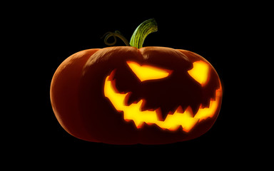 Scary Happy halloween pumpkin. Evil, glowing smile carved on a pumpkin on a dark isolated background. in anticipation of the holiday of Halloween 2018. 3d render