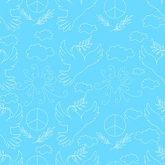 Bird of peace, pacifier, sun, sky, cloud, white outline on a blue background, beautiful cartoon background. A seamless pattern, a dove of peace and an olive branch.