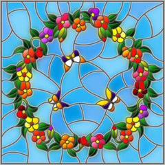 Illustration in stained glass style with bright colored flowers in a circle and butterflies on a blue background