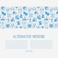 Fototapeta na wymiar Alternative medicine concept with thin line icons. Vector illustration of banner, print media or web site for yoga, acupuncture, wellness, ayurveda, chinese medicine, holistic center.