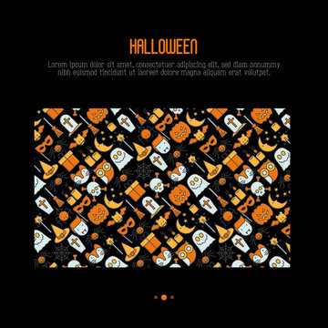 Cartoon Halloween concept with thin line icons: vampire, bat, pumpkin. Vector illustration for invitation card, party announcement.