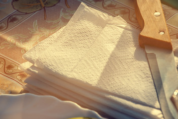 Knife, paper napkins and a white plate on a table with a tablecloth in the early summer morning