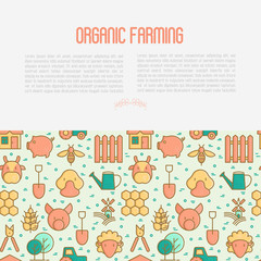 Organic farming concept with thin line icons of animals, tools and symbols for eco products, farming flyers and banners. Agriculture vector illustration for web page, print media.