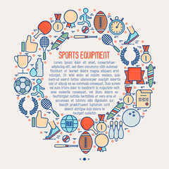 Sport equipment concept in circle with thin line sport and winning games icons. Vector illustration for banner, web page, print media.