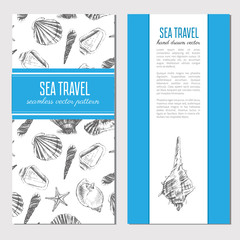 Seashells hand drawn vector etching sketch isolated on white background, seamless pattern, underwater artistic marine texture, template label, layout design for card, beauty salon, decorative banner