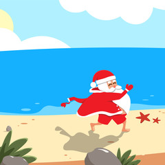 Summer christmas. Santa running on the beach.