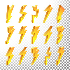 3D Lightning Icons Vector Set. Cartoon Yellow Lightning Isolated Illustration. Flash Pictograms. Lightning Bolt Icons