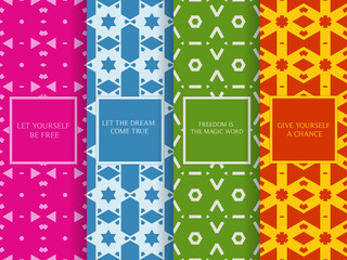 Set of seamless patterns. Collection of colorful vector backgrounds. Abstract geometric design. Decorative frames. Green, orange, blue, pink, colors.