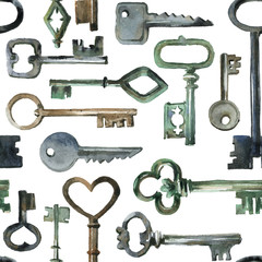 Old keys seamless patter. Hand painted watercolor illustration on white background