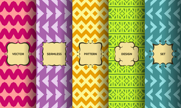 Set of seamless patterns. Collection of bright colorful vector backgrounds and vintage labels. Vector illustration
