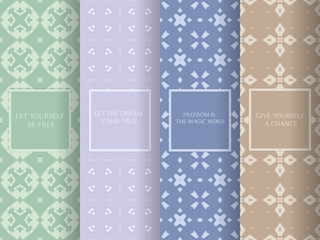 Set of seamless patterns in soft, pale colors. Collection of simple, minimalistic vector backgrounds. Abstract geometric design.