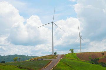 Fototapeta na wymiar Hill field and Wind turbine power