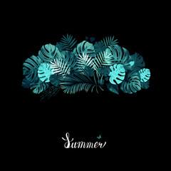 Obraz premium Banner with green tropical palm and monstera leaves on the black background. White lettering on the summer poster.