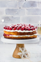 Homemade raspberry cake. Delicious summer dessert. Copy space
