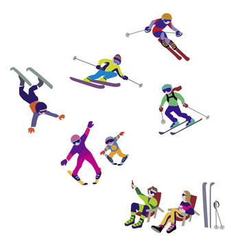 Vector illustration of Alpine Skiing, winter sport. Characters set of simple comic drawing. 