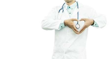 Close up of professional male doctor's hands making heart shape with the stethoscope ,isolated on white background with copy space