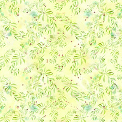 Fototapeta na wymiar Branches with leaves - a decorative composition on a watercolor background. Seamless pattern. Use printed materials, signs, items, websites, maps, posters, postcards, packaging.