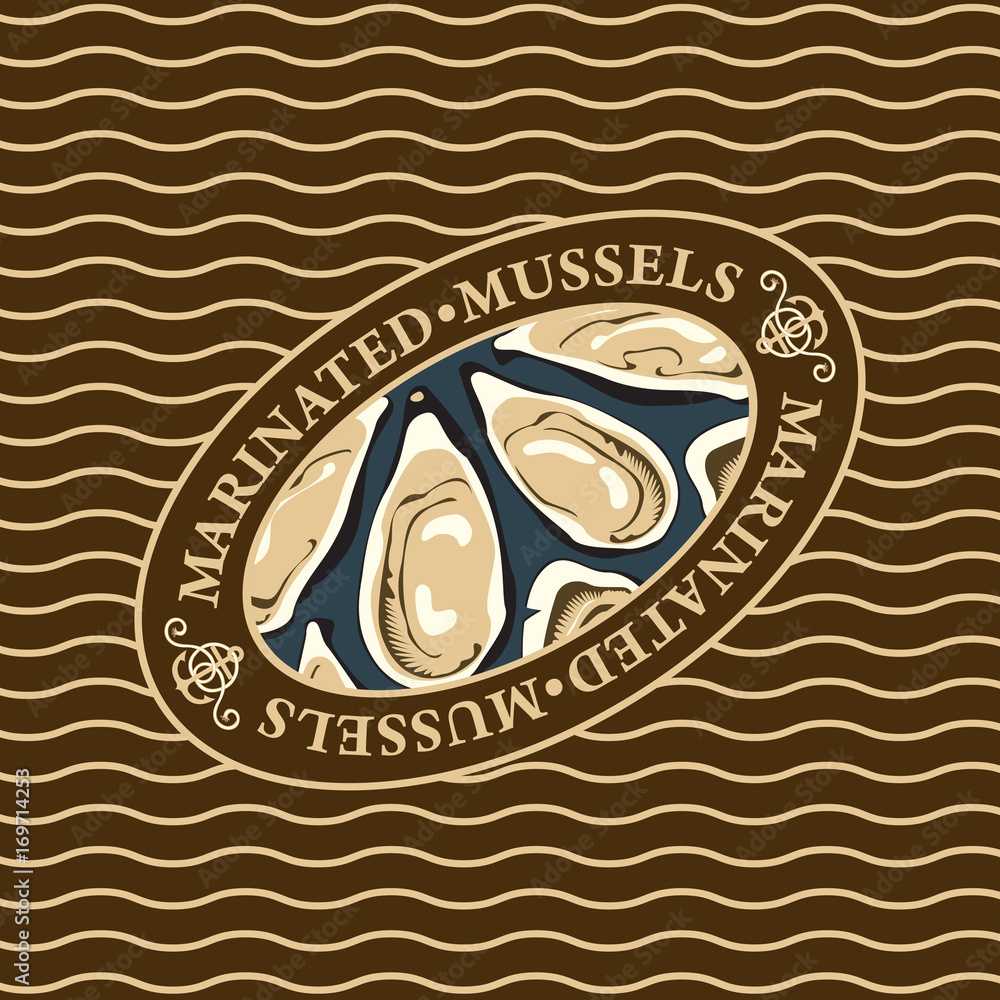 Poster vector label for marinated mussels in oval frame on the waves background. design element for fish-me