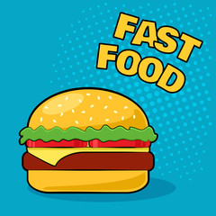 Cheeseburger on a blue background in the style of pop art. Colorful vector illustration