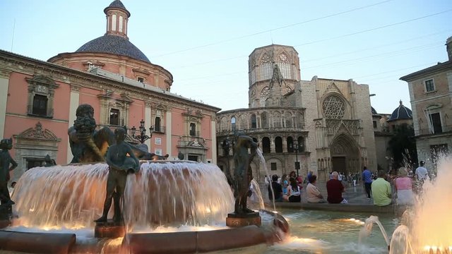 Turia Fountain on Plaza de la Virgen  Valencia Spain  AUGUST 07, 2017