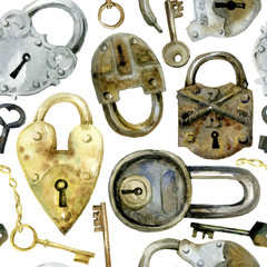 Old lock and keys seamless patter. Hand painted watercolor illustration on white background