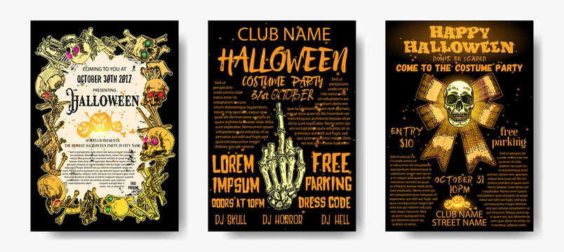 Halloween costume party invitation and greeting card set, flyer, banner, poster templates. Hand drawn skull and bones elements and handwritten ink lettering. Lot of space for text. Vector.