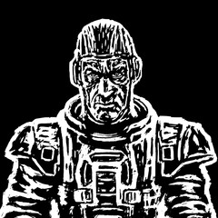 Old cosmonaut in a space suit without a helmet in black and white colors. Vector illustration.