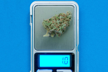 cannabis plant bud on weighing scales close up