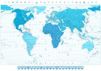 Fototapeta na wymiar World map with different colored continents in colors of blue and navigation icon set