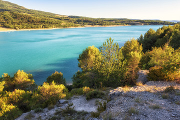 Lake Sainte-Croix, favorite tourist destination in French Provence, entrance to the famous Verdon...