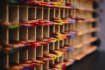 close up of an assortment of colored pencils tips