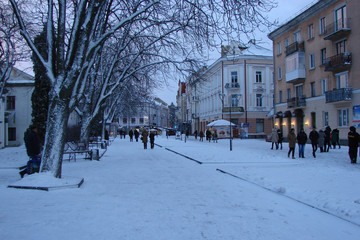 city Ternopil evening in January. Western Ukraine
