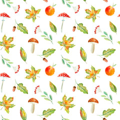Seamless pattern of a rowan, floral, basket, berries,maple,boletus, apple and agaric. Autumn picture. Watercolor hand drawn illustration.White background.