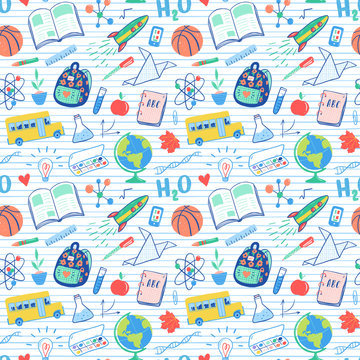 Back to school seamless pattern. School bus, rocket, globe, backpack, ball, book, chemistry, test tubes, paint, plant, telephone. School doodles icons illustration.