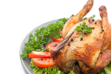 grilled chicken on plate decoration with vegetable